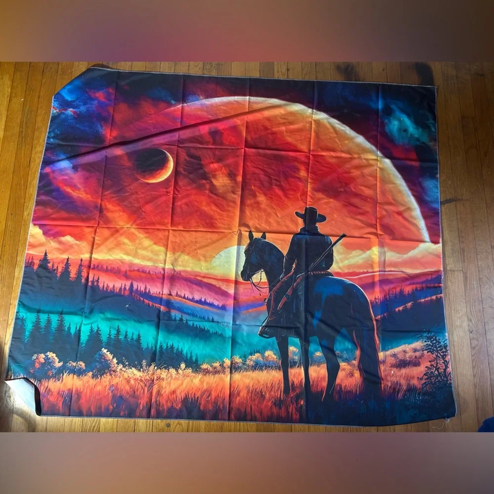 Cowboy on horse watching a sunset backdrop , 4 x 5